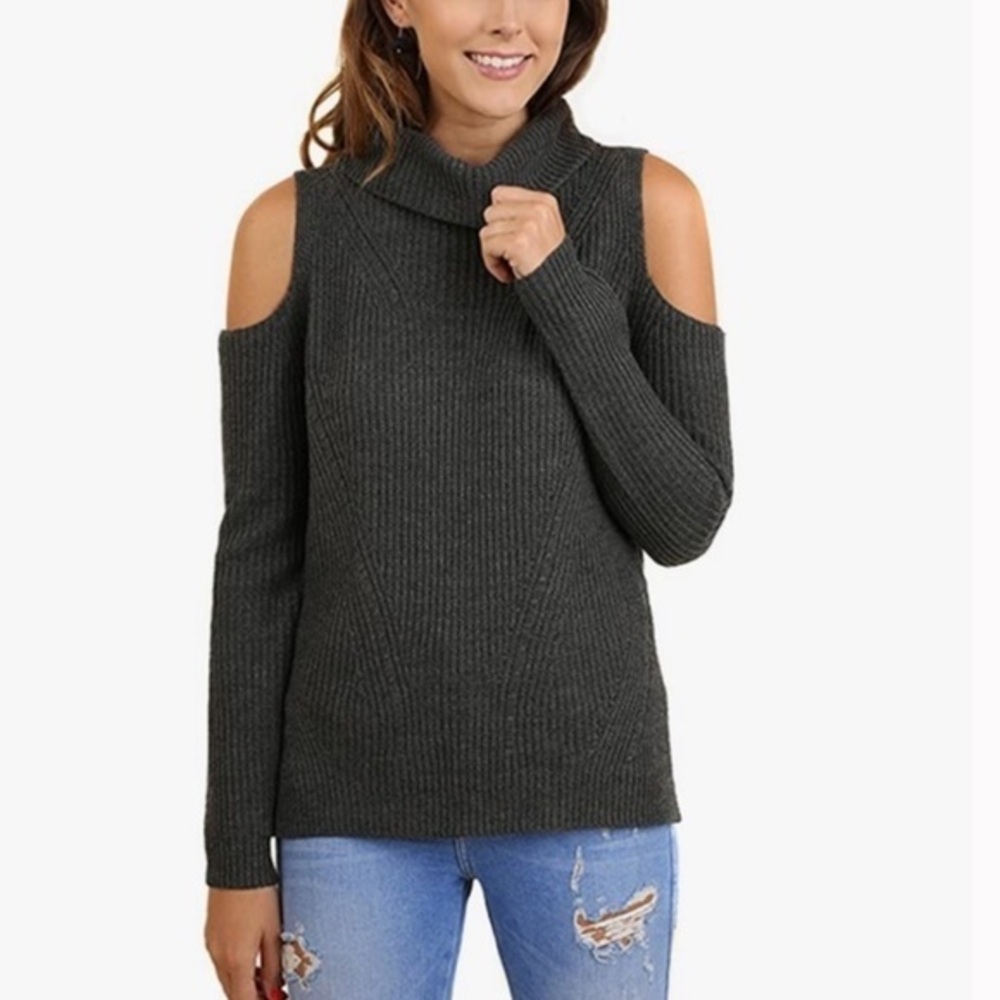 Umgee Cold Shoulder Rib Knit Women’s Sweater Size Small gray (1783)
